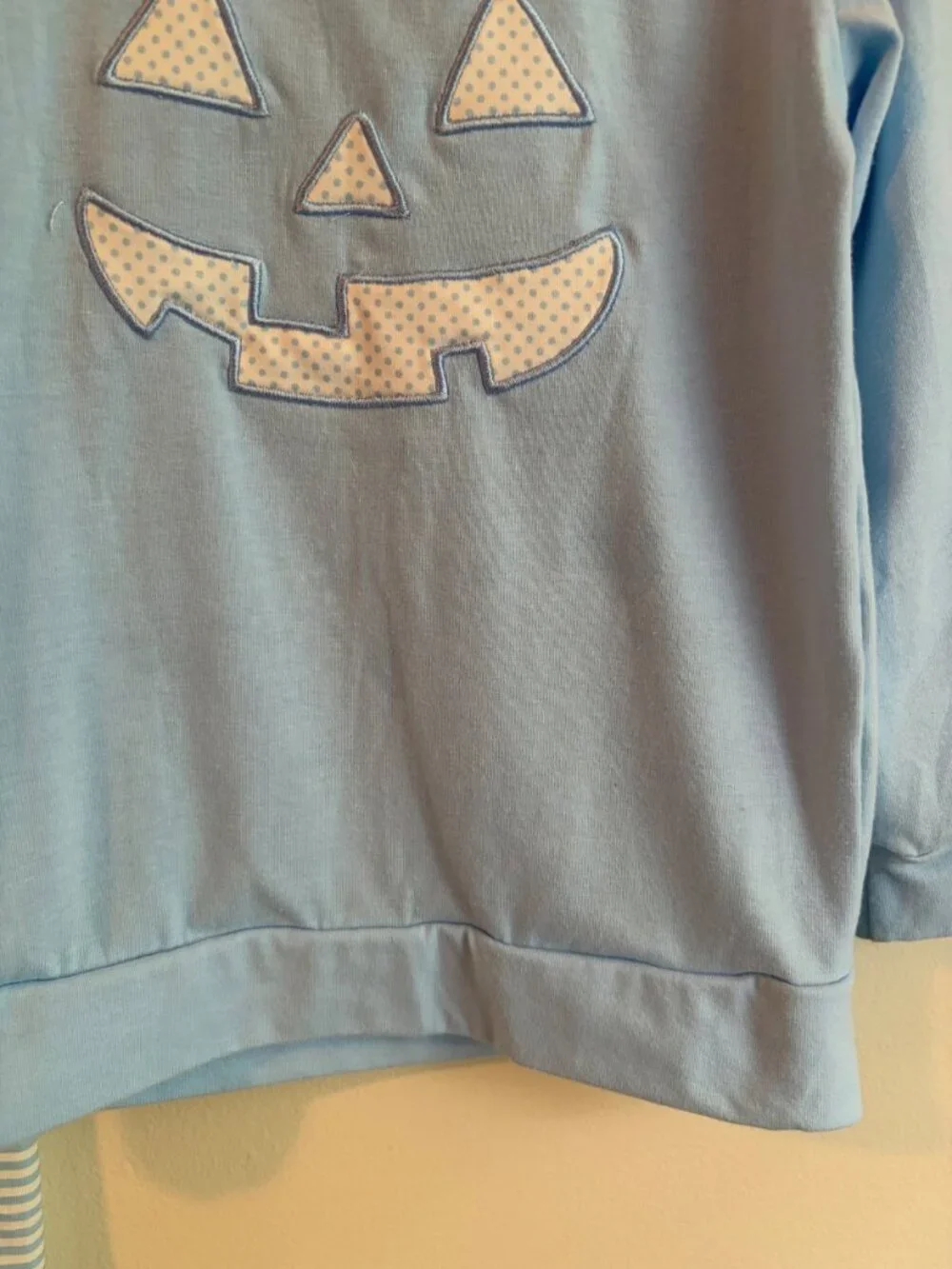 Boys size 5-6T Pumpkin Halloween Light Blue Long Sleeve Top Striped Pants outfit